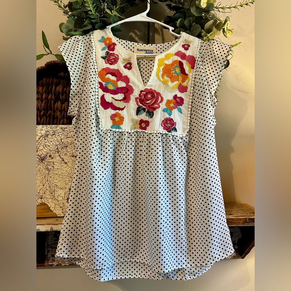 Savanna Jane Blouse with Flutter Sleeves and Floral Embroidery